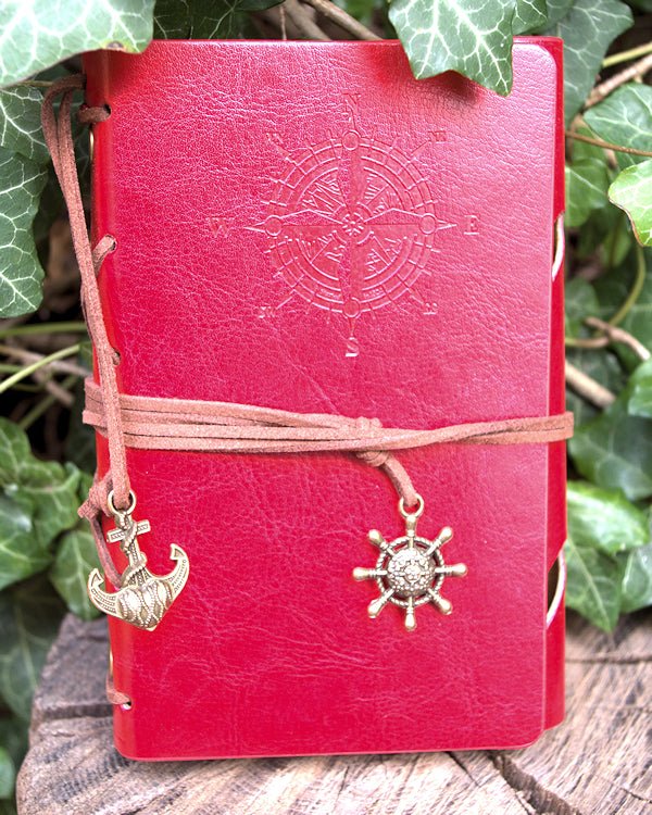 A6 ring binder Notebook faux leather with Compass motif and paper held in clip loops Note book Hugginsattic Red   [Huggins attic]