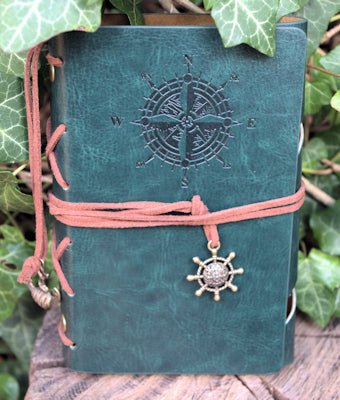 A6 ring binder Notebook faux leather with Compass motif and paper held in clip loops Note book Hugginsattic Green   [Huggins attic]