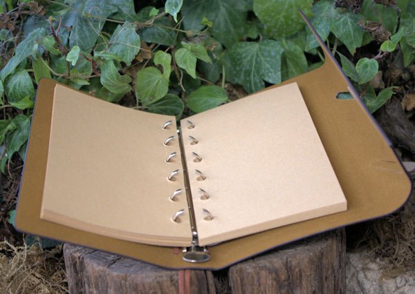 A6 ring binder Notebook faux leather with Compass motif and paper held in clip loops Note book Hugginsattic    [Huggins attic]