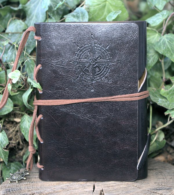 A6 ring binder Notebook faux leather with Compass motif and paper held in clip loops Note book Hugginsattic Black   [Huggins attic]