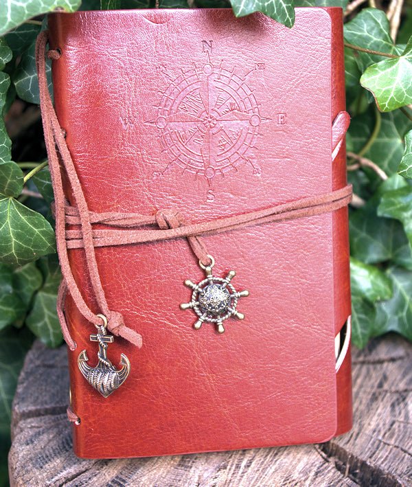 A6 ring binder Notebook faux leather with Compass motif and paper held in clip loops Note book Hugginsattic Brown   [Huggins attic]