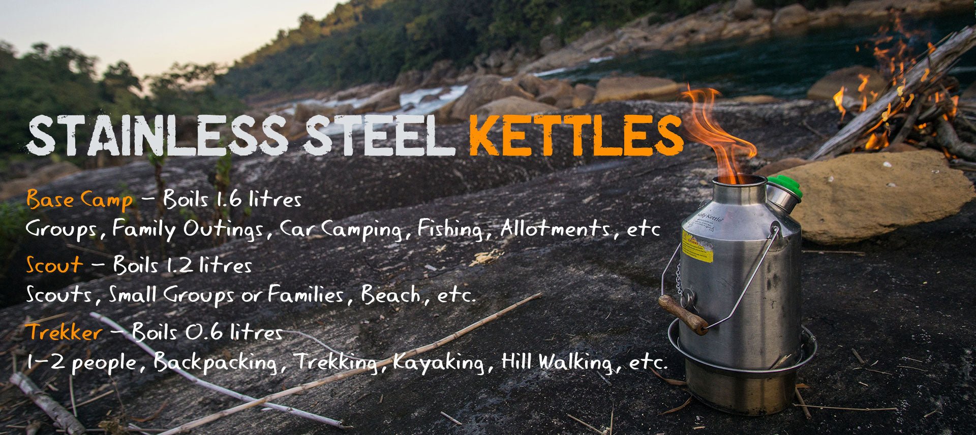 Kelly 'Scout' Kettle Ultimate kit in stainless steel 1.2L kettle, Cook set, 2xPlates & Mugs Stove Hugginsattic    [Huggins attic]