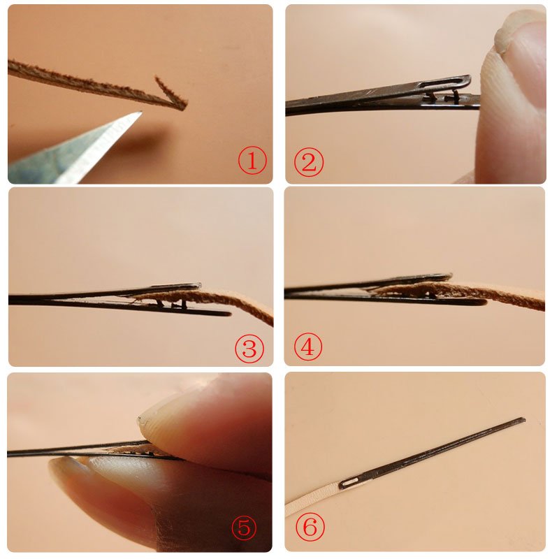 Leather thonging Lacing Needles are specialized needles used in leather working for threading thongs or cords through holes or eyelets in leather. Leathercraft tool Huggins Attic    [Huggins attic]