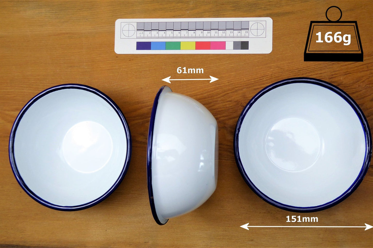 White Enamel Blue rim Mug,Bowl & Plate set Dishes Huggins Attic    [Huggins attic]