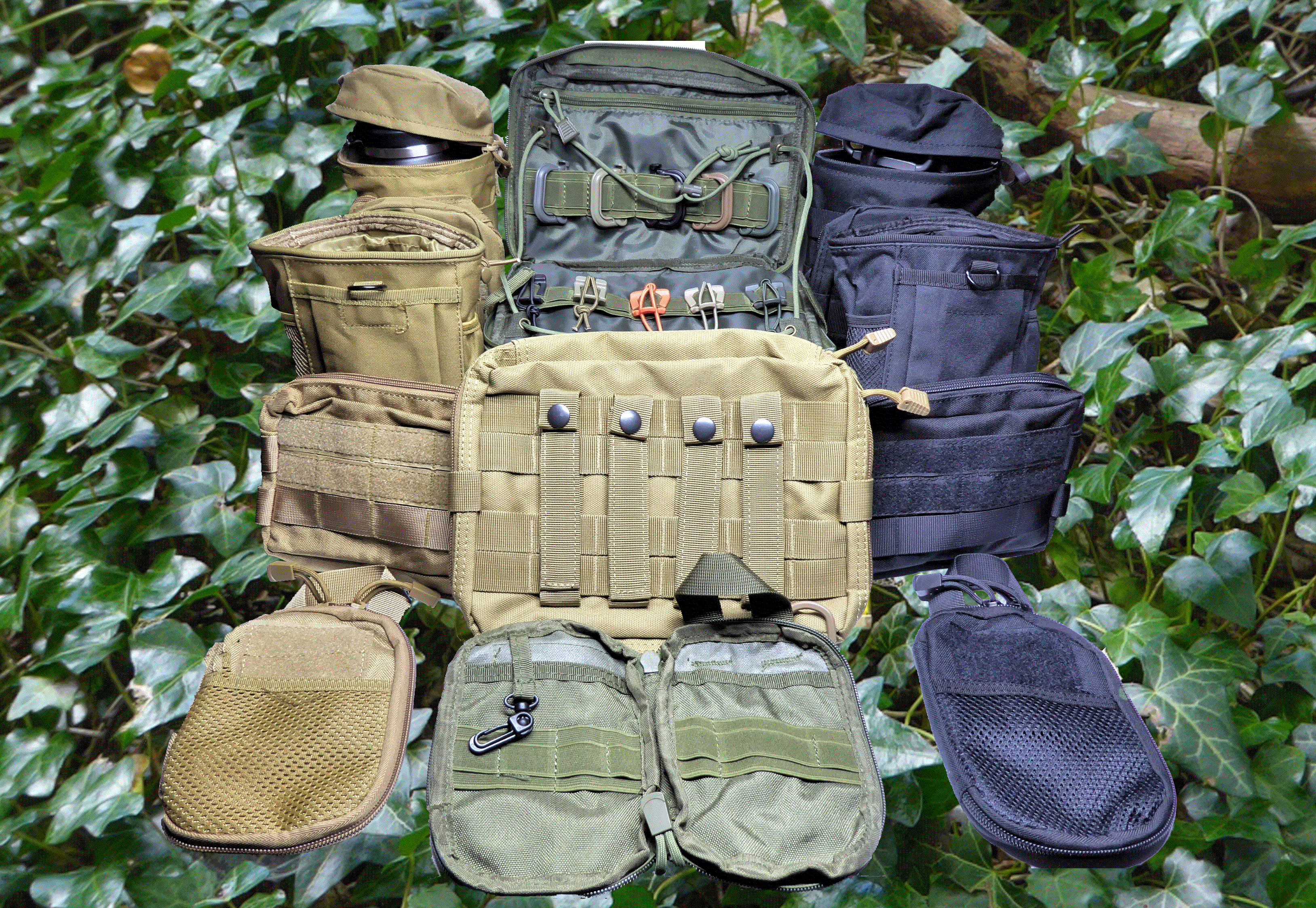 Collection of Molle Pouches in different colours including Black, Green, Khaki - huggins attic