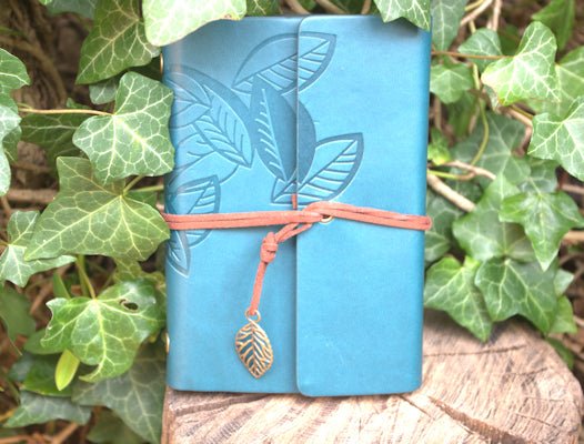 A6 ring binder Notebook with Leaf motif and paper held in clip binder loops  Hugginsattic Blue   [Huggins attic]