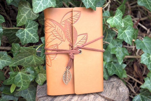 A6 ring binder Notebook with Leaf motif and paper held in clip binder loops  Hugginsattic Earthy Yellow   [Huggins attic]