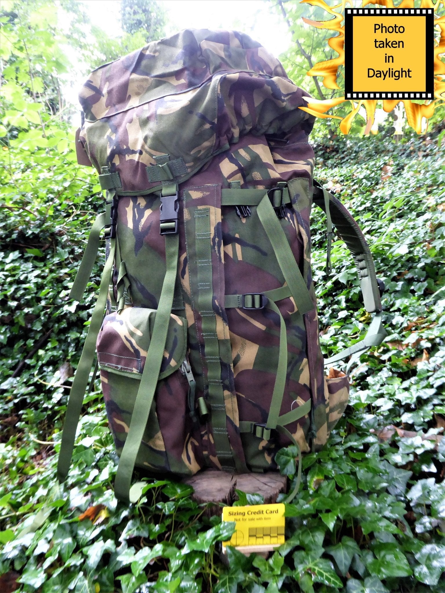 British Army Surplus DPM Bergen 100 Litre carrying capacity. Fitted with side pouches (not included) to take capacity to 120 Litre Bergen Huggins Attic    [Huggins attic]