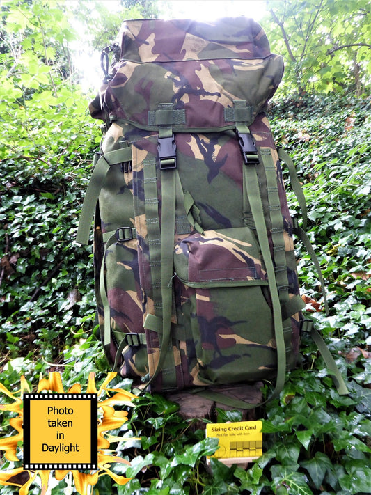 British Army Surplus DPM Bergen 100 Litre carrying capacity. Fitted with side pouches (not included) to take capacity to 120 Litre Bergen Huggins Attic Short Convoluted Back   [Huggins attic]