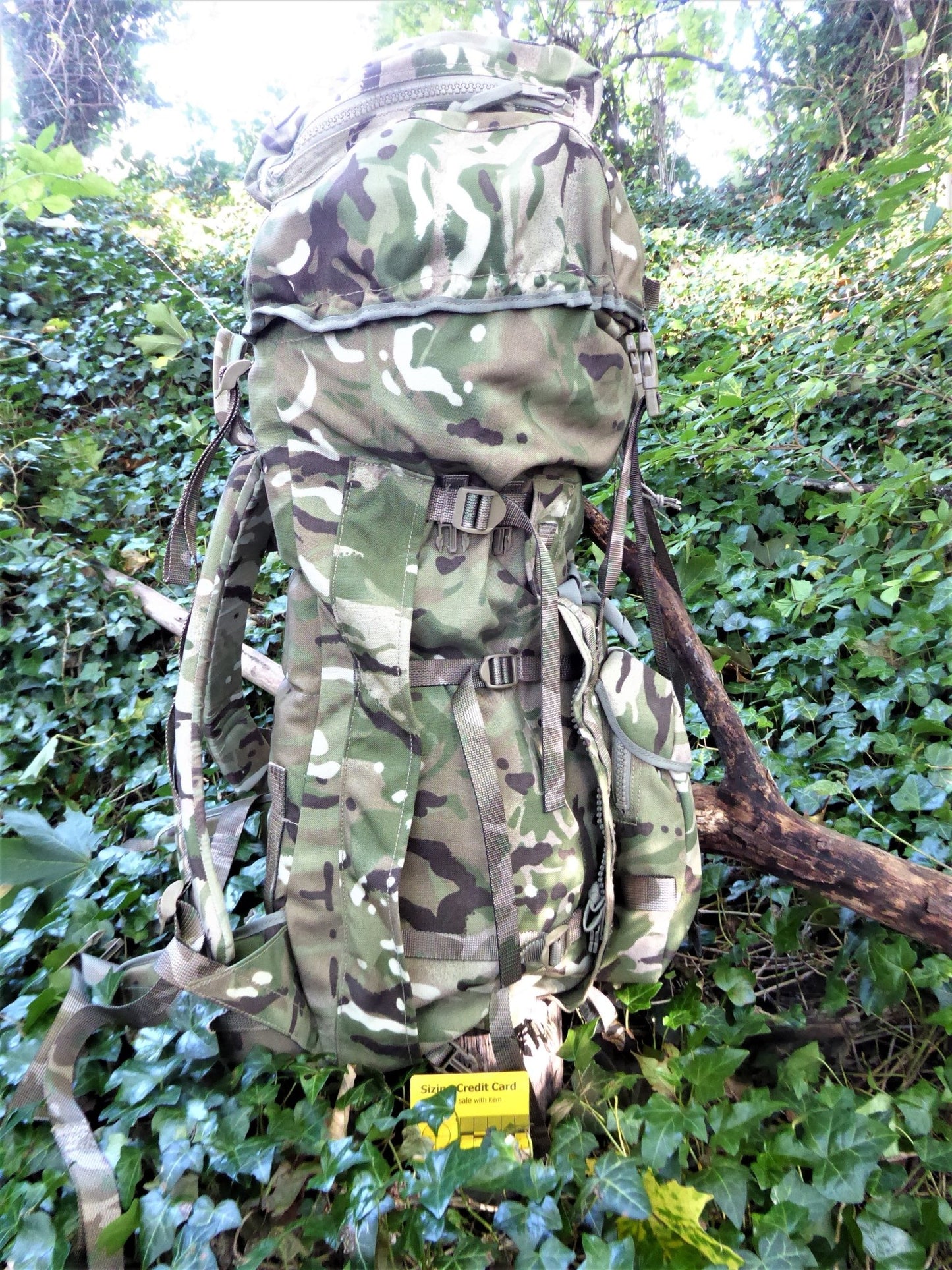 British Army Surplus MTP Bergen 90 Litre carrying capacity. Fitted with side pouches (not included) to take capacity to approx. 110 Litre Bergen Huggins Attic    [Huggins attic]
