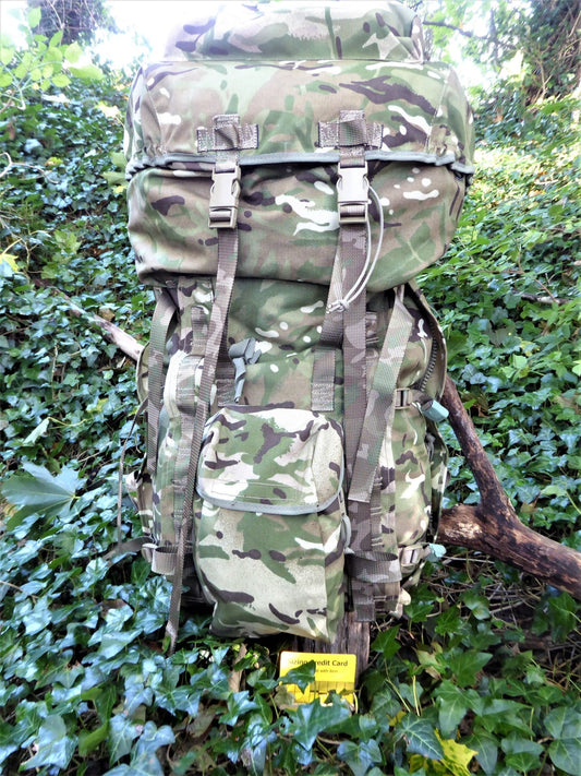 British Army Surplus MTP Bergen 90 Litre carrying capacity. Fitted with side pouches (not included) to take capacity to approx. 110 Litre Bergen Huggins Attic Short Convoluted Back   [Huggins attic]