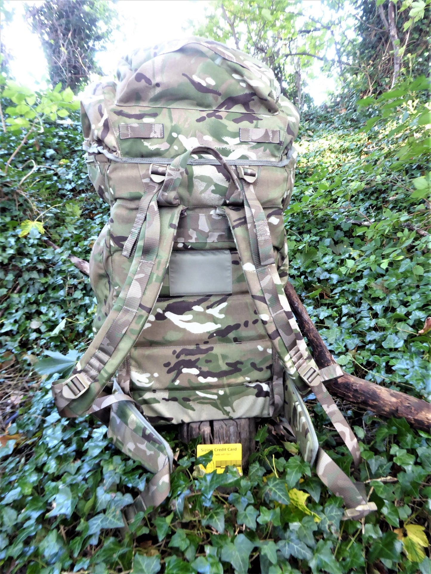 British Army Surplus MTP Bergen 90 Litre carrying capacity. Fitted with side pouches (not included) to take capacity to approx. 110 Litre Bergen Huggins Attic    [Huggins attic]