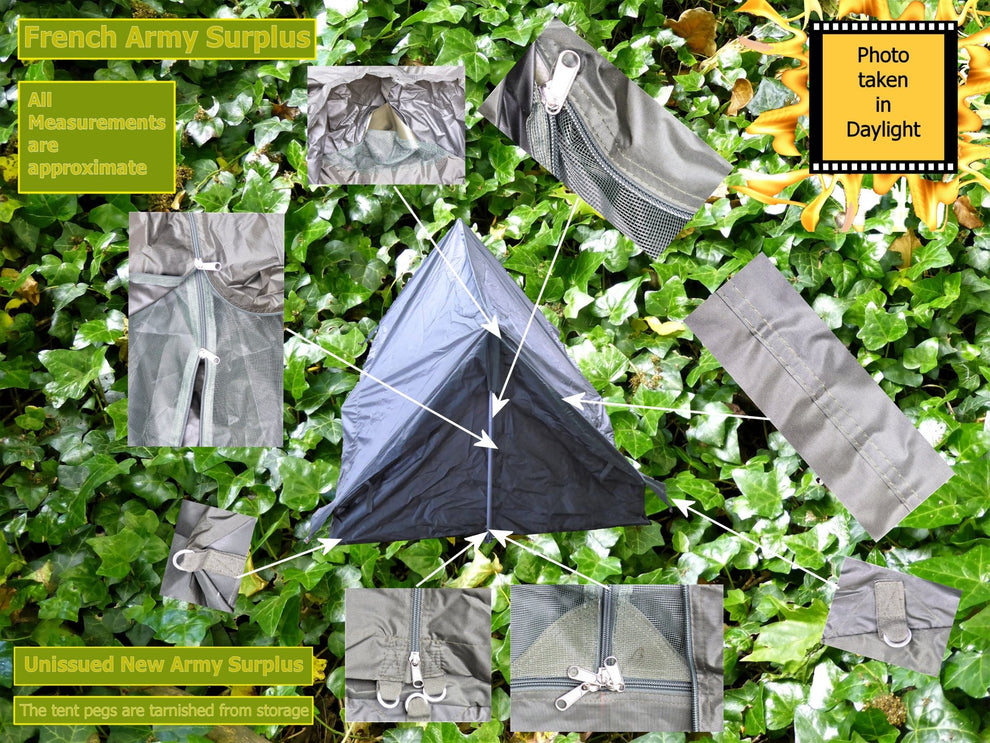 French Army Surplus 2 Man Tent Complete kit includes tent, poles, stakes, and lines. Hugginsattic