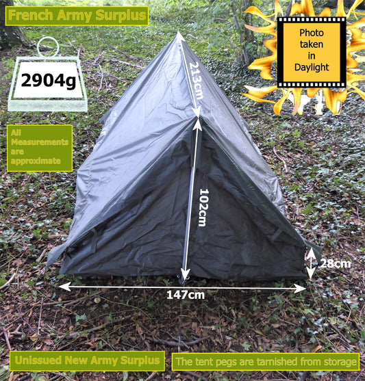 French Army Surplus 2 Man Tent Complete kit includes tent, poles, stakes, and lines.  Huggins Attic    [Huggins attic]