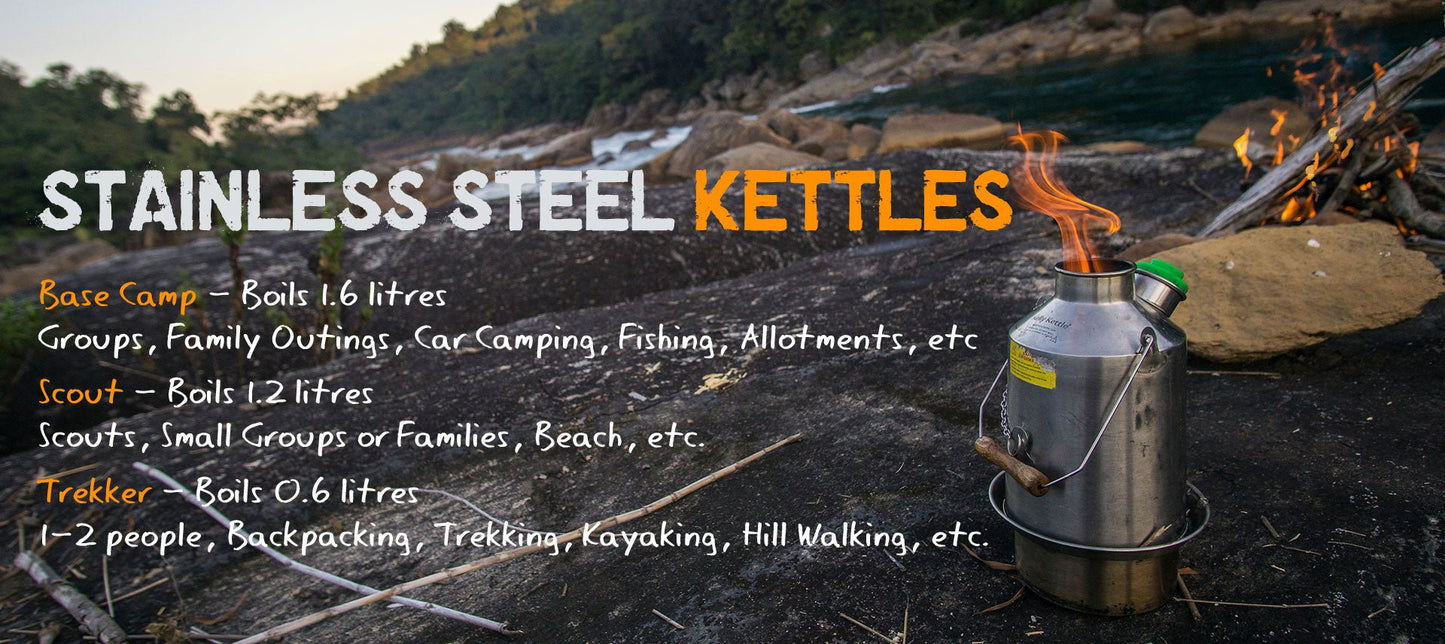 Kelly 'Base Camp' Kettle Ultimate kits in stainless steel 1.6L kettle, Cook set, 2xPlates & Mugs Stove Hugginsattic    [Huggins attic]