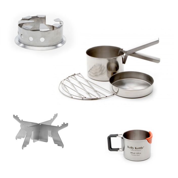 Kelly Trekker Kettle kit in stainless steel incl 0.6L kettle, Cook set, hobo stove & Mug Stove Hugginsattic    [Huggins attic]