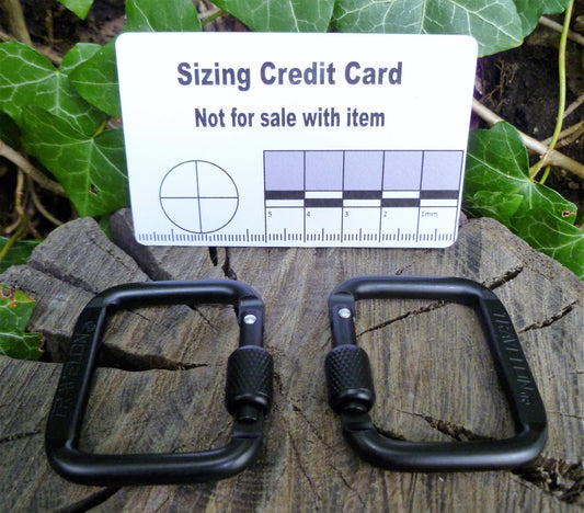 Pair of Black Square Screw gate Carabiners. Great to attach to backpacks, bags, NOT FOR CLIMBING or HEAVY WEIGHTS keyrings, kettles, tents, and ropes. Carabiner Huggins Attic    [Huggins attic]