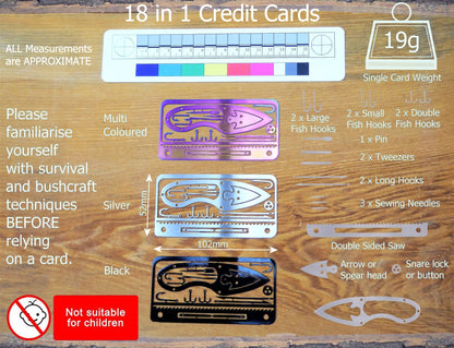 Survival Card 18 in 1 Emergency 3 colours Survival Card Huggins Attic    [Huggins attic]